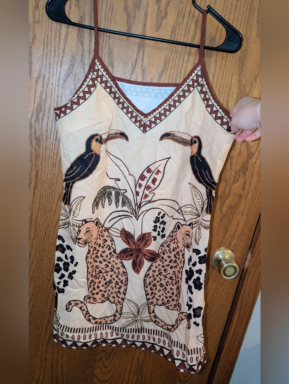 SHEIN Lune Leopard Toucan Tropical Print Cami Dress Brown & Cream Small